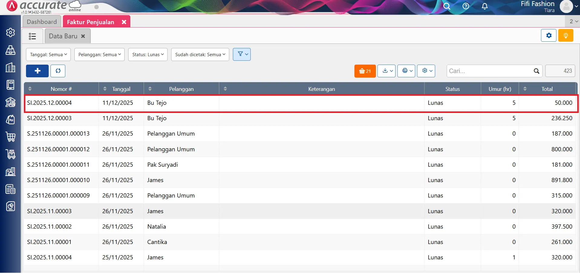 Kolom Umur (hr) di Daftar Faktur Penjualan
